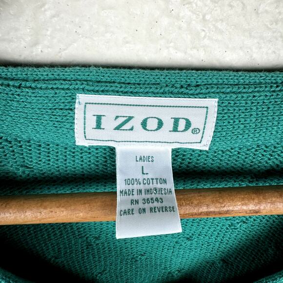 Vintage Izod Sweater Sz Large Green Cotton V Neck Button Up Cardigan Cable Knit - Picture 3 of 5